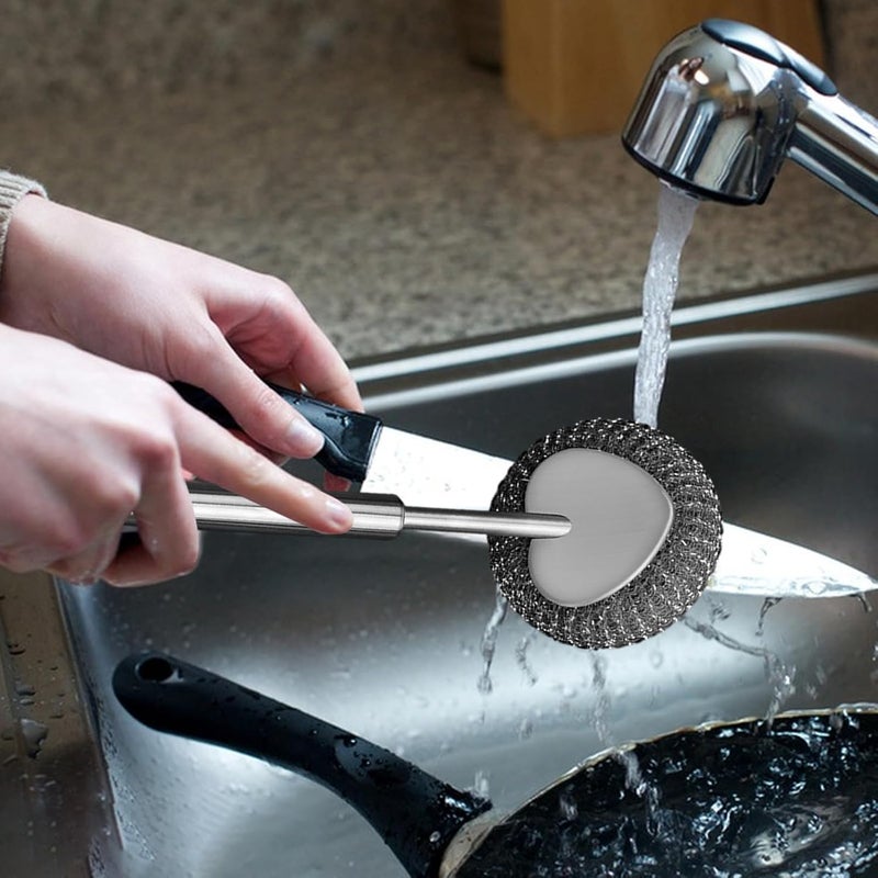 windforgecraft Stainless Steel Scourer with Handle - Metal Scrubber Cleaning Brush with Long Handle | Reusable Scouring Pad Stainless Steel Brush Sturdy for Sink Tiles Pans Pots Borato - Image 3