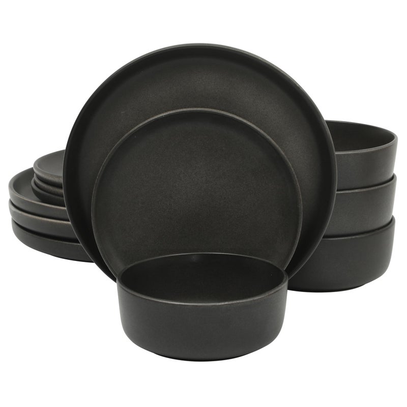 Gibson Elite Pasco 12 Piece (Service for 4) Plates and Bowls Reactive Glaze Dishes Stoneware Ceramic Dinnerware Set - Black - Image 1