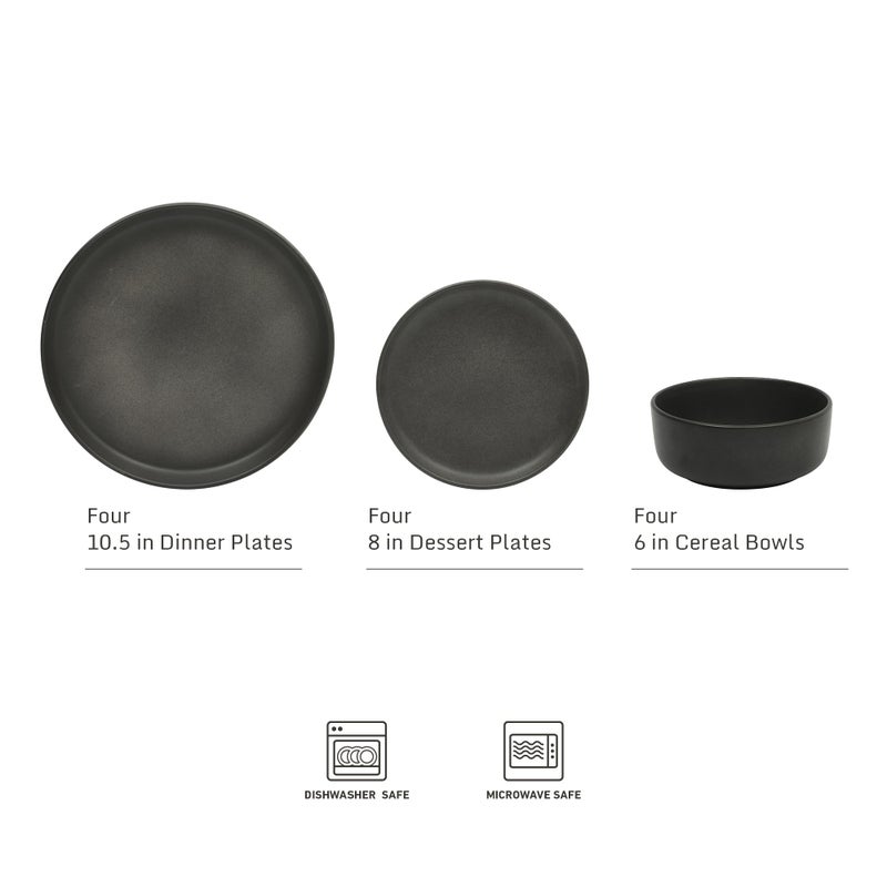 Gibson Elite Pasco 12 Piece (Service for 4) Plates and Bowls Reactive Glaze Dishes Stoneware Ceramic Dinnerware Set - Black - Image 2
