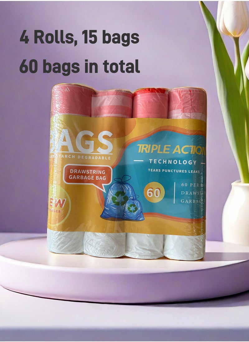 ShineShe Garbage Bags Biodegradable Compact Roll white 45x50cm (15pc x 4Rolls) 60 bags, Drawstring garbage bag  - Image 1