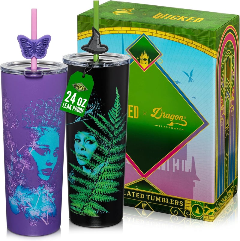 Dragon Glassware منتجات x Wicked: عبوة تحتوي على كوبين عازلين حرارياً سعة 24 أونصة لكل كوب، كل كوب مزود بغطاء وقشة، بالإضافة إلى أربع قشات وأغطية. منتجات رسمية لعلامة Wicked. - Image 1