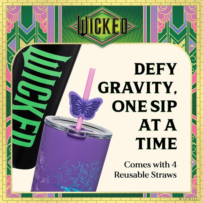 Dragon Glassware منتجات x Wicked: عبوة تحتوي على كوبين عازلين حرارياً سعة 24 أونصة لكل كوب، كل كوب مزود بغطاء وقشة، بالإضافة إلى أربع قشات وأغطية. منتجات رسمية لعلامة Wicked. - Image 4