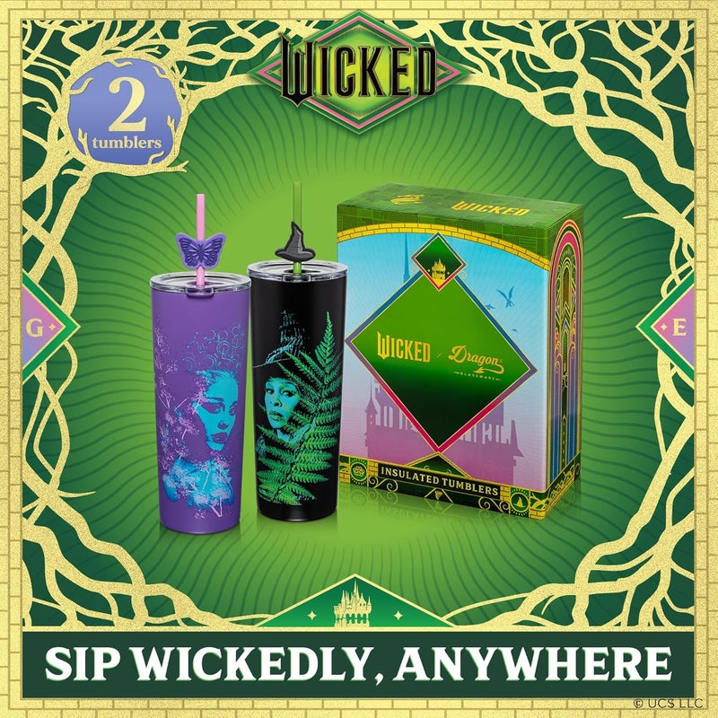Dragon Glassware منتجات x Wicked: عبوة تحتوي على كوبين عازلين حرارياً سعة 24 أونصة لكل كوب، كل كوب مزود بغطاء وقشة، بالإضافة إلى أربع قشات وأغطية. منتجات رسمية لعلامة Wicked. - Image 2