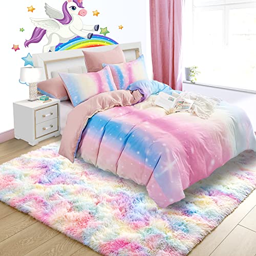 Noahas 4x6 Fluffy Rainbow Rugs for Bedroom Girls,Shag Pink Kids Room Rug,Shaggy Area Rugs for Living Room,Soft Fuzzy Colorful Playroom Nursery Dorm Carpets Room Decor - Image 5