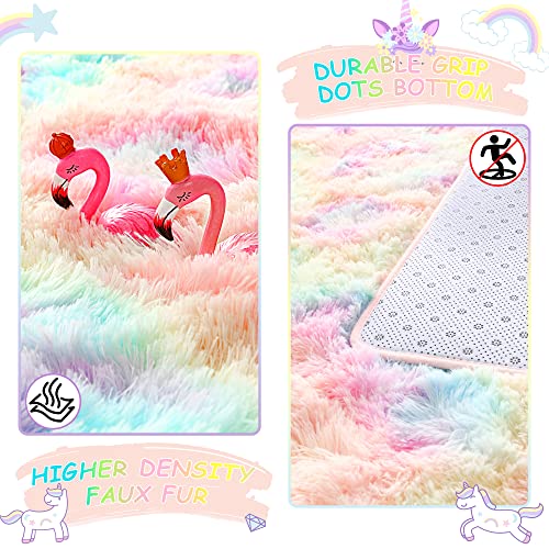Noahas 4x6 Fluffy Rainbow Rugs for Bedroom Girls,Shag Pink Kids Room Rug,Shaggy Area Rugs for Living Room,Soft Fuzzy Colorful Playroom Nursery Dorm Carpets Room Decor - Image 4