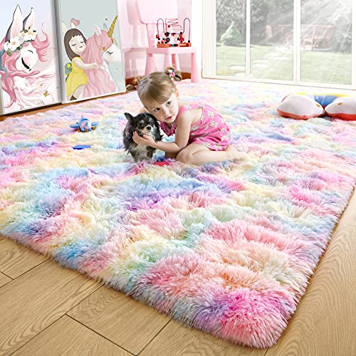 Noahas 4x6 Fluffy Rainbow Rugs for Bedroom Girls,Shag Pink Kids Room Rug,Shaggy Area Rugs for Living Room,Soft Fuzzy Colorful Playroom Nursery Dorm Carpets Room Decor - Image 1