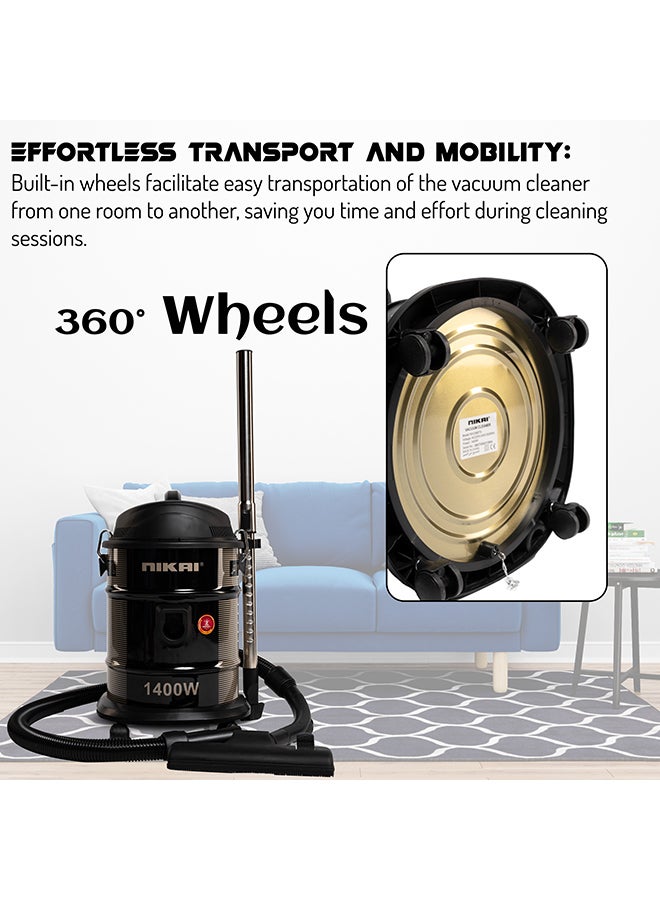 NIKAI 17 Liter Drum Vacuum Cleaner, Blower Function, Low-Noise Level, Dust Full Indicator, Metal Telescopic Tube 17 L 1400 W NVC990TX Black - Image 4