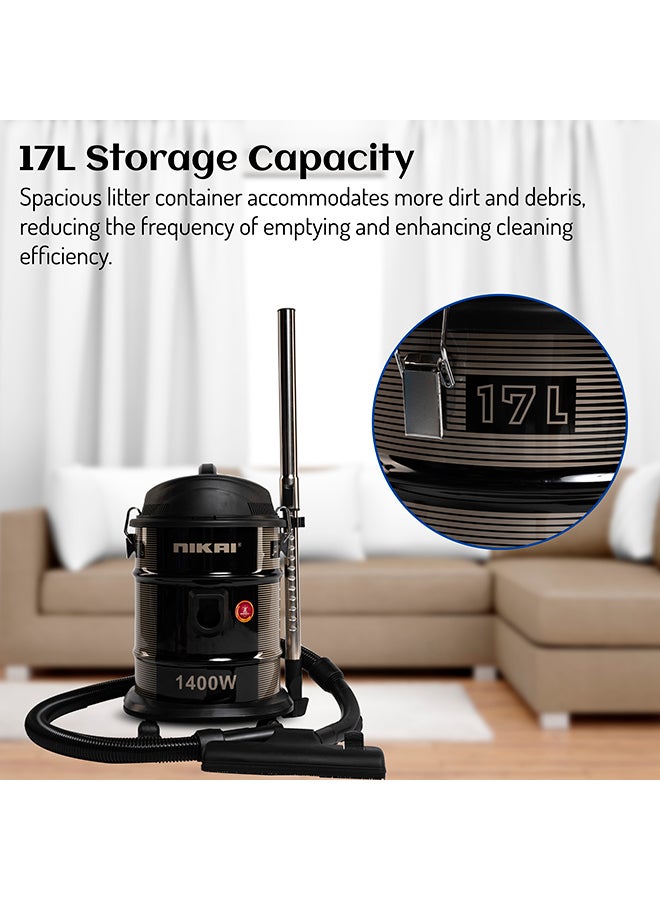 NIKAI 17 Liter Drum Vacuum Cleaner, Blower Function, Low-Noise Level, Dust Full Indicator, Metal Telescopic Tube 17 L 1400 W NVC990TX Black - Image 5