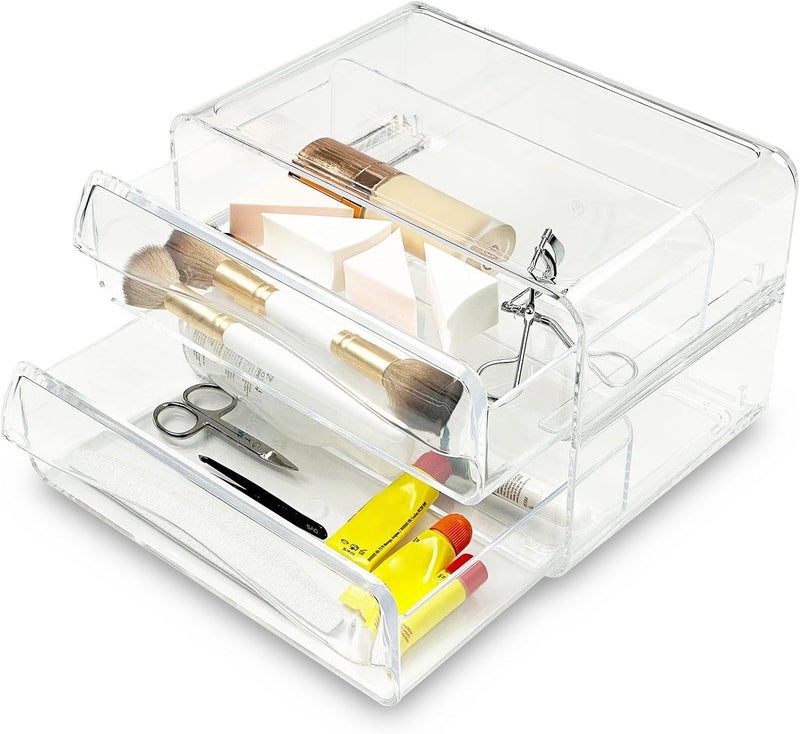 Addis 2 Pull Out Drawer Stackable Organiser Clear Acrylic Make Up Cosmetic Storage Organiser Box Clear Acrylic