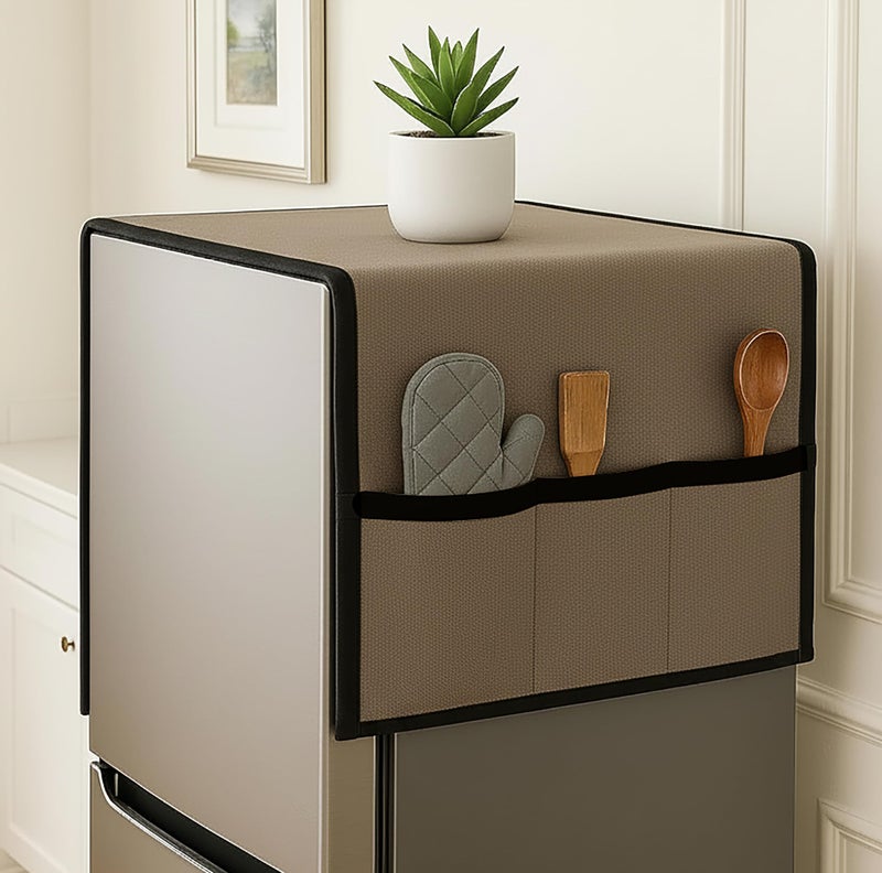 Fancy Walas Refrigerator Single Door Waterproof, Dustproof, Refrigerator Top Cover, Protective Cover for Fridges with Extra Storage Space Nylon Top cover with 6 Storage Pockets ( Brown, 130 x 54 cm ) - Image 1