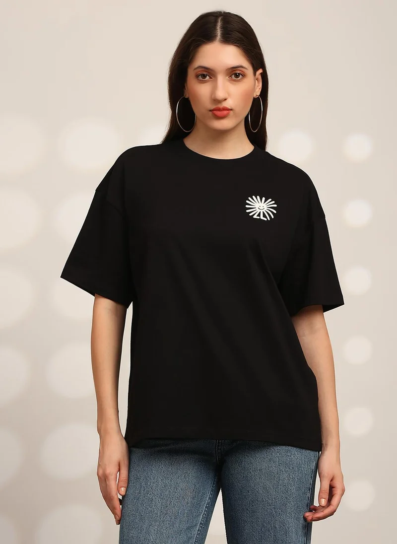 جلو باص Globus Women Black Back Graphic Print Round Neck Drop Shoulder Sleeves Oversized T-Shirt