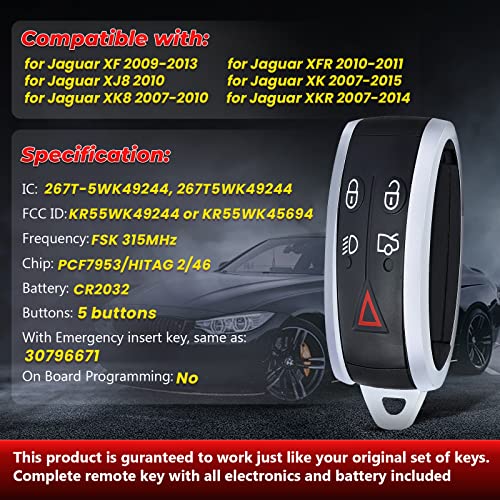 Aichiyu Keyless Entry Smart Remote Key Fob Replacement for Jaguar XF XFR XJ8 XK XK8 XKR 2007 2008 2009 2010 2011 2012 2013 2014 2015 FCC ID: KR55WK49244 KR55WK45694 315Mhz PCF7953 Chip - Image 3