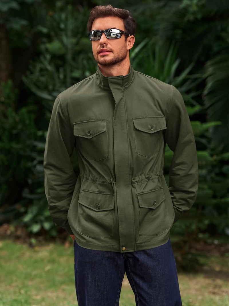 Runcati Mens Military Jacket Full Zip and Button Safari Field Jacket Multi Pocket Cargo Outdoor Coat - Image 4