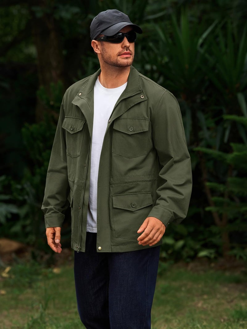 Runcati Mens Military Jacket Full Zip and Button Safari Field Jacket Multi Pocket Cargo Outdoor Coat - Image 3