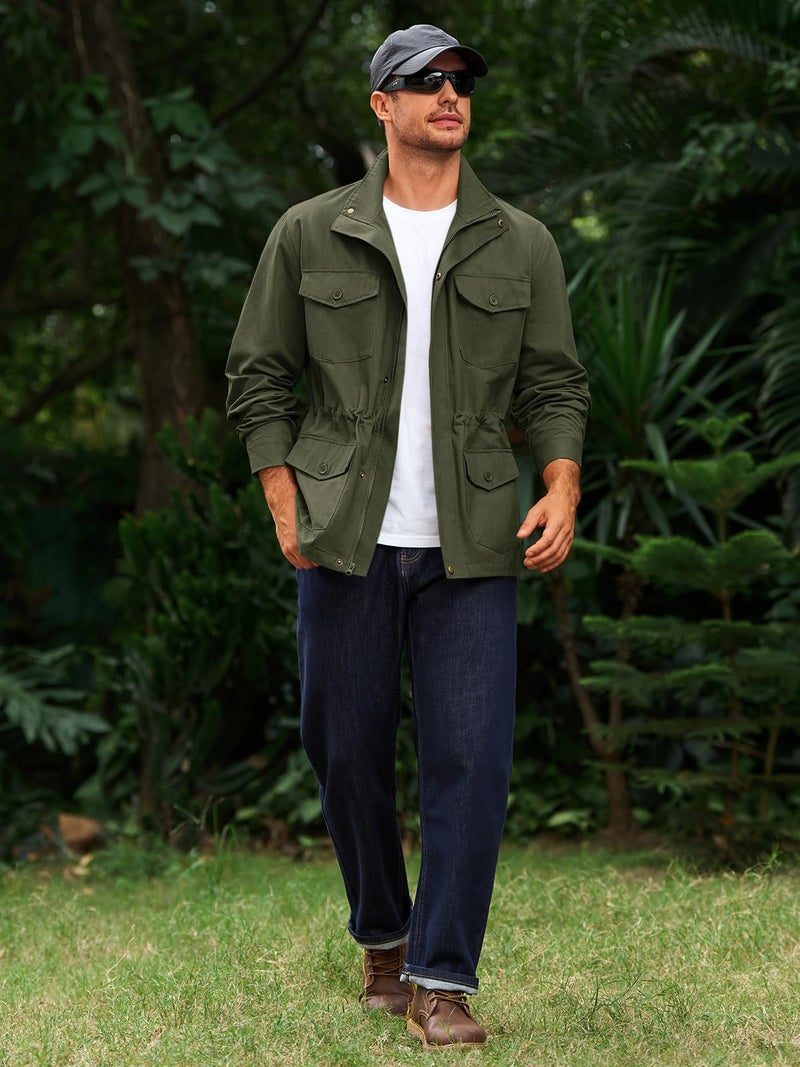 Runcati Mens Military Jacket Full Zip and Button Safari Field Jacket Multi Pocket Cargo Outdoor Coat - Image 5