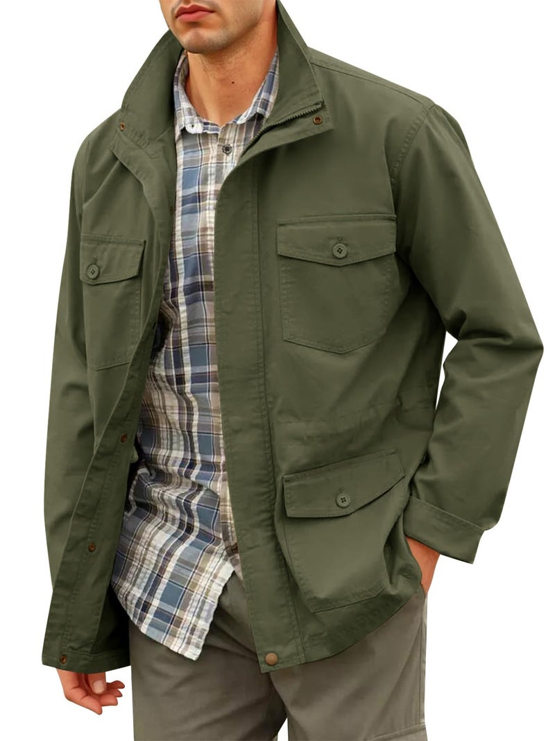 Runcati Mens Military Jacket Full Zip and Button Safari Field Jacket Multi Pocket Cargo Outdoor Coat - Image 1