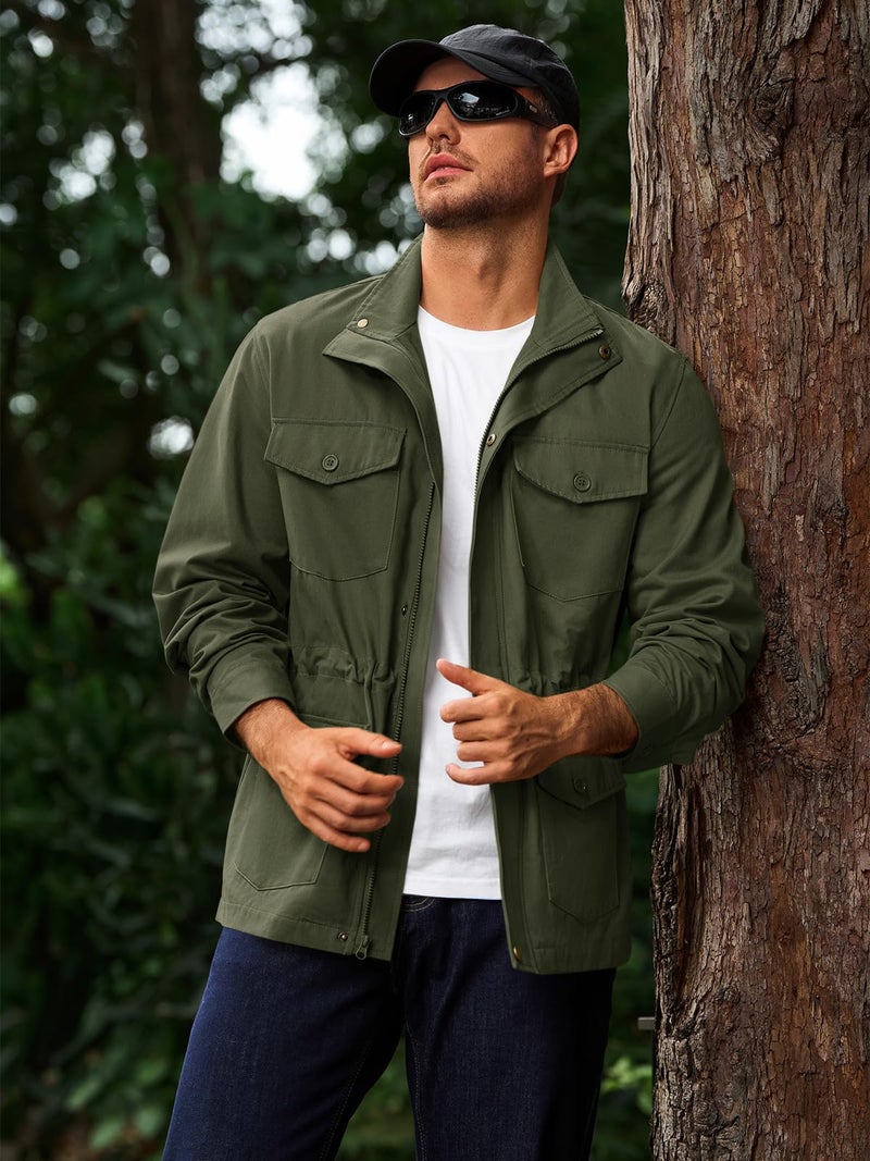 Runcati Mens Military Jacket Full Zip and Button Safari Field Jacket Multi Pocket Cargo Outdoor Coat - Image 2