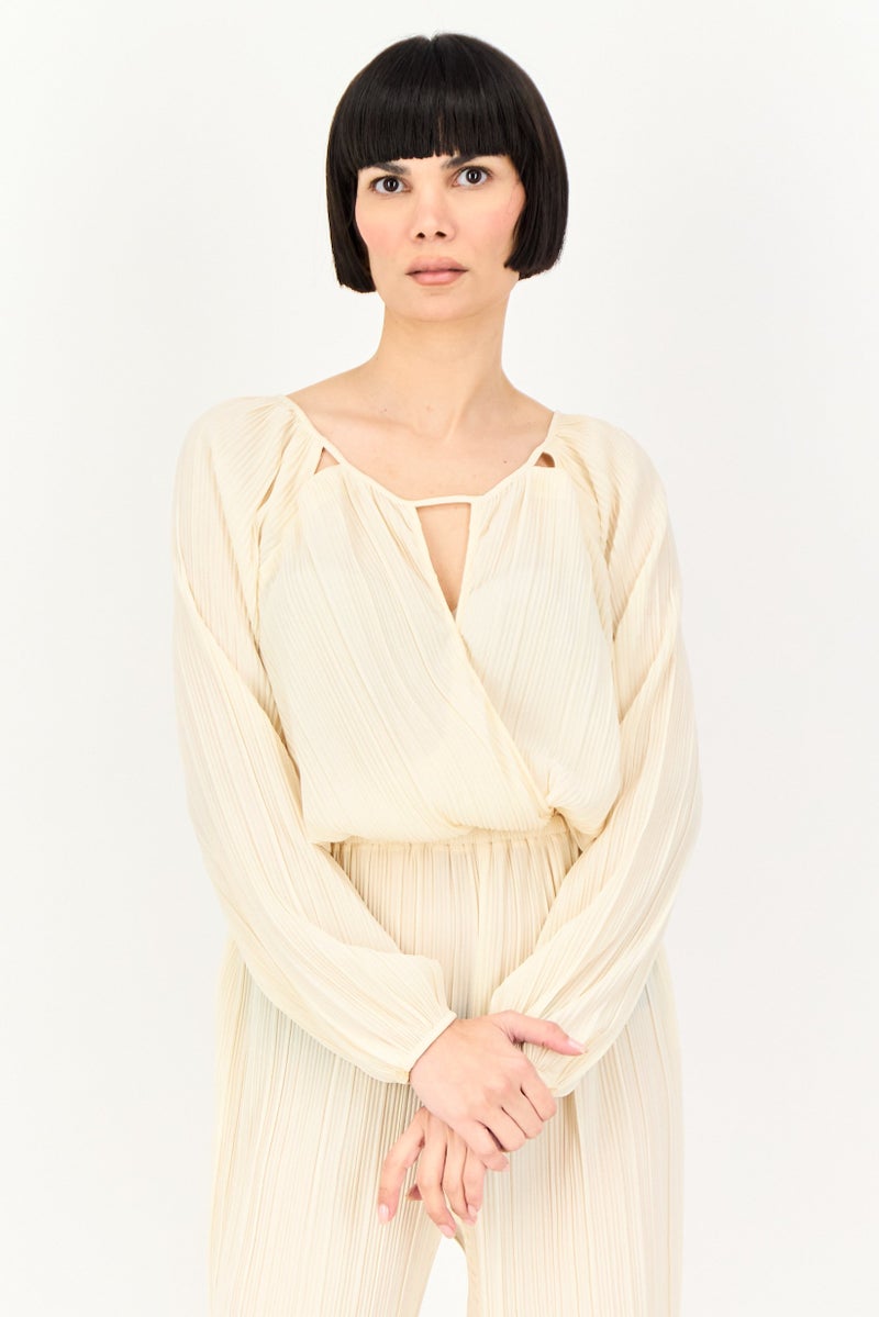 promod Women Textured Long Sleeve Jumpsuit, Beige - Image 3