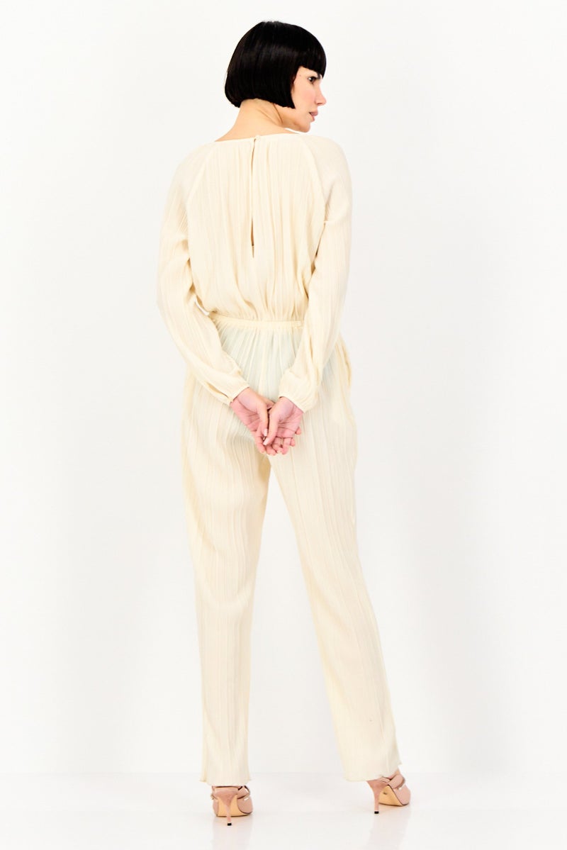 promod Women Textured Long Sleeve Jumpsuit, Beige - Image 2