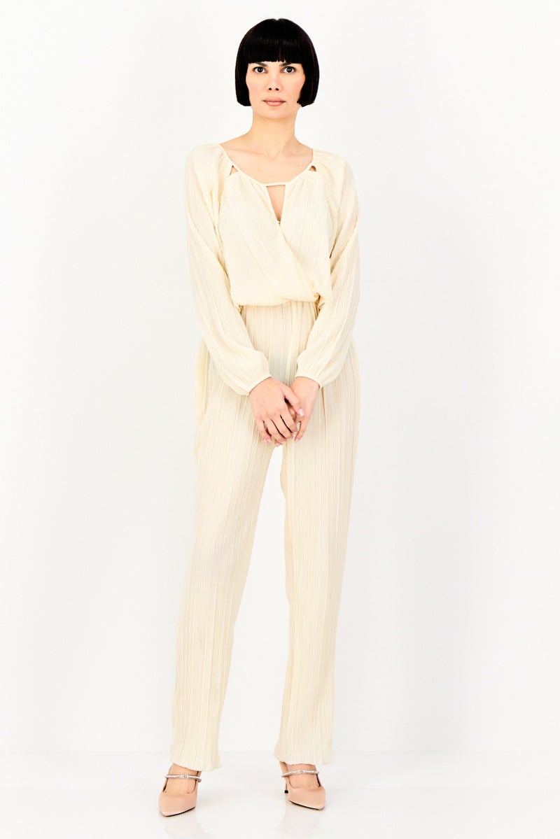 promod Women Textured Long Sleeve Jumpsuit, Beige - Image 1