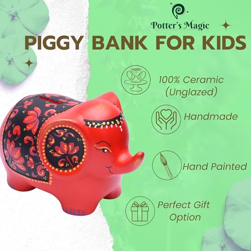 Potter's Magic Ceramic Hand Painted Elephant Piggy Bank with Lock | Modern Lucky Money Bank | Piggy Bank for Womens | Mitti ka Gullak | Kiddy Bank for Boys & Girls (Without Glaze) (Red) - Image 2