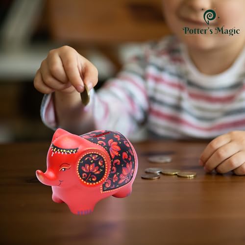 Potter's Magic Ceramic Hand Painted Elephant Piggy Bank with Lock | Modern Lucky Money Bank | Piggy Bank for Womens | Mitti ka Gullak | Kiddy Bank for Boys & Girls (Without Glaze) (Red) - Image 5