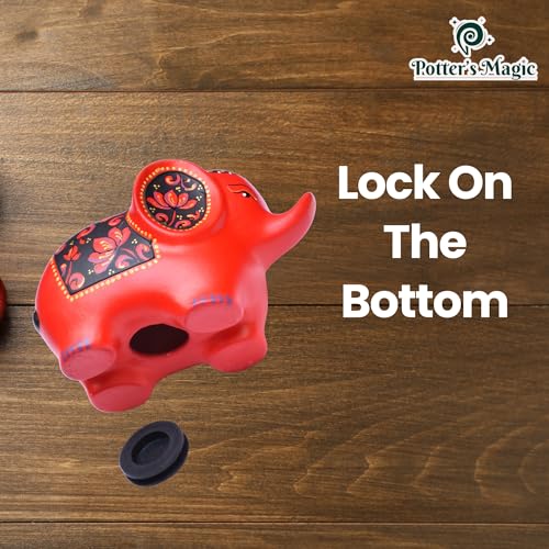 Potter's Magic Ceramic Hand Painted Elephant Piggy Bank with Lock | Modern Lucky Money Bank | Piggy Bank for Womens | Mitti ka Gullak | Kiddy Bank for Boys & Girls (Without Glaze) (Red) - Image 3