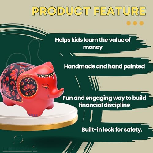 Potter's Magic Ceramic Hand Painted Elephant Piggy Bank with Lock | Modern Lucky Money Bank | Piggy Bank for Womens | Mitti ka Gullak | Kiddy Bank for Boys & Girls (Without Glaze) (Red) - Image 4