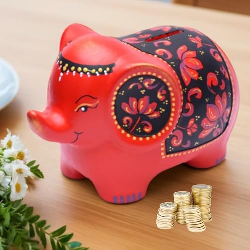 Potter's Magic Ceramic Hand Painted Elephant Piggy Bank with Lock | Modern Lucky Money Bank | Piggy Bank for Womens | Mitti ka Gullak | Kiddy Bank for Boys & Girls (Without Glaze) (Red) - Image 1