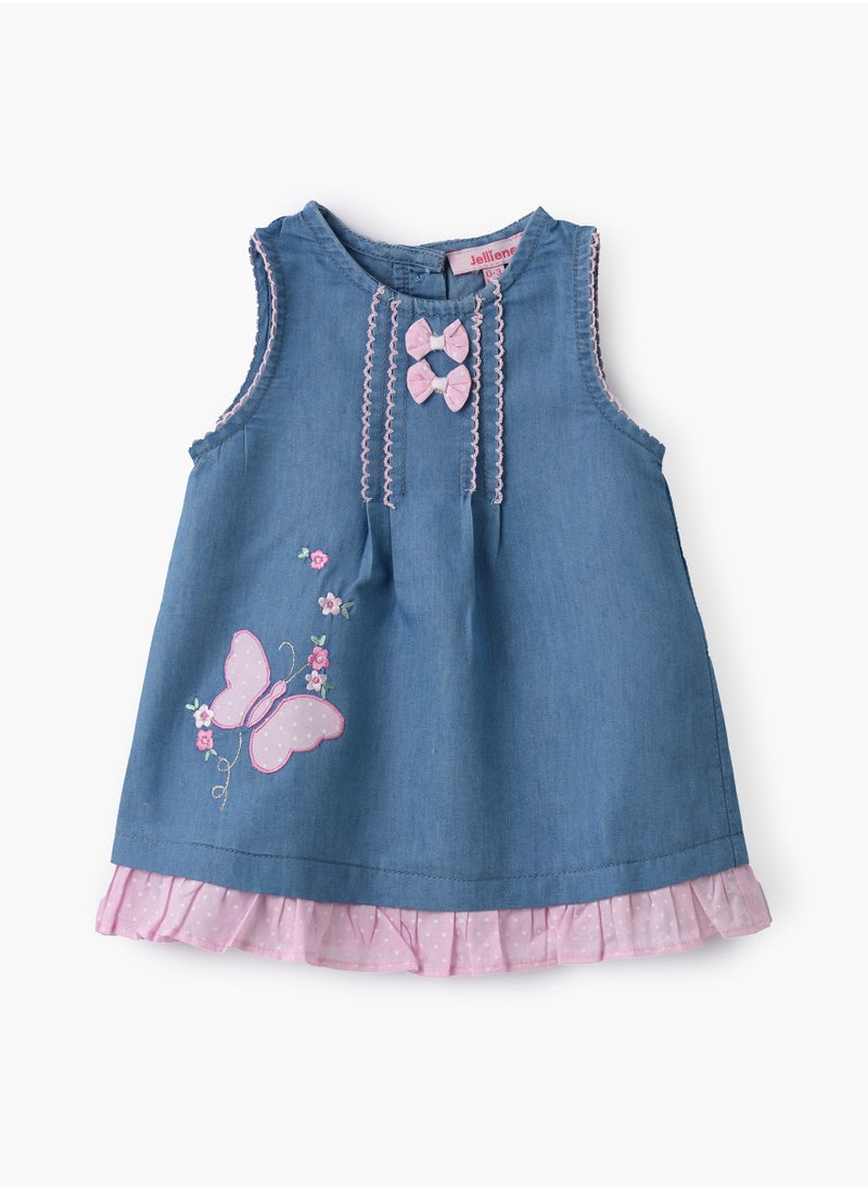 Jelliene Girls Blue Butterfly Embroidered Denim Dress  - Image 1