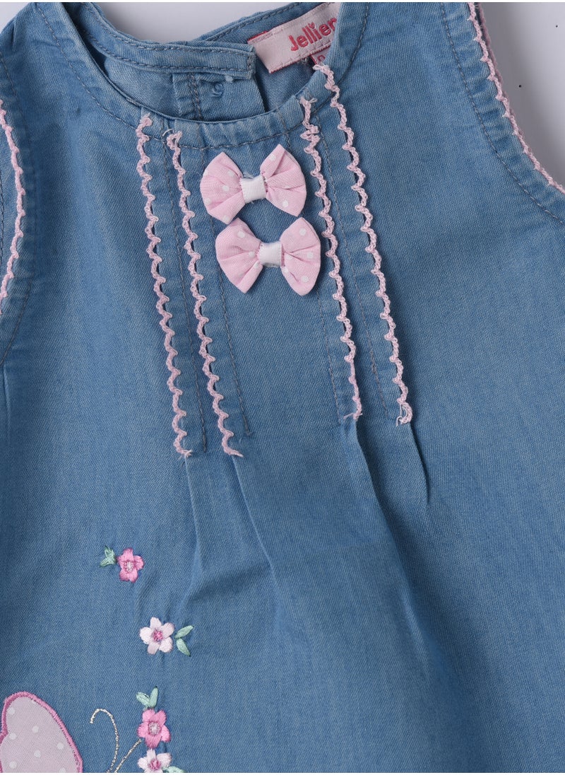 Jelliene Girls Blue Butterfly Embroidered Denim Dress  - Image 3