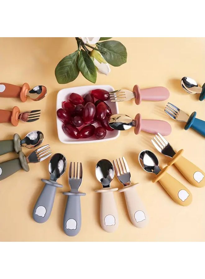 2 Set Baby Toddler Silicone Stainless Steel Utensils Silverware Spoon Fork Pink - Image 5