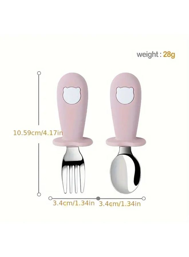 2 Set Baby Toddler Silicone Stainless Steel Utensils Silverware Spoon Fork Pink - Image 2
