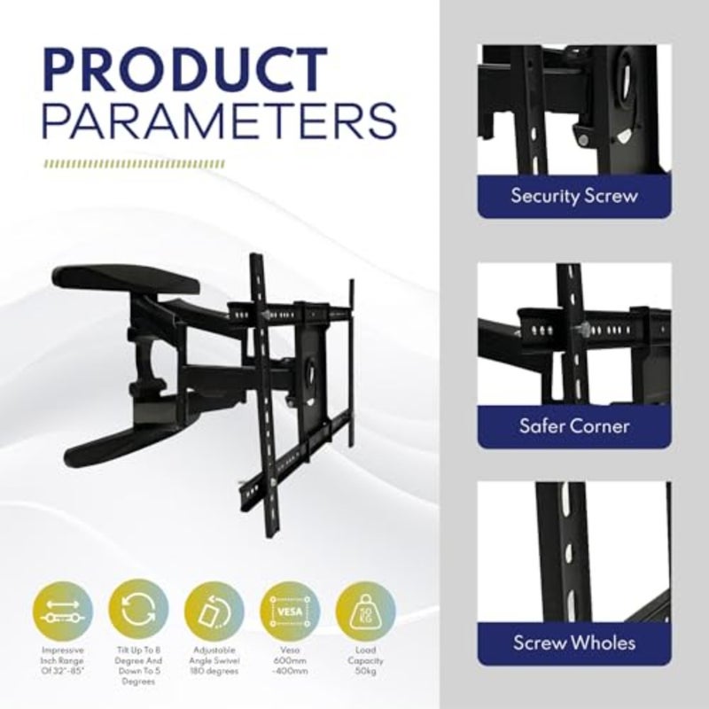 Full Motion TV Wall Mount for 40-85 Inch LED, LCD, OLED and Smart TVs Heavy Duty Double Arm TV Bracket Tilt +5°/-15°, Swivel 180°, Extends 57-517mm Max VESA 600x400mm Supports Up to 50kg - Image 4
