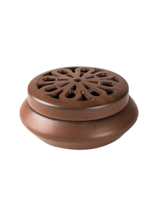 silvercnc Ceramic Incense Burner Handmade Incense Stick Holder Cone Coil Incense Bowl Small Round Censer Ash Catcher Tray with Lid for Home Furnace Aromatherapy Ornament Brown  - Image 1