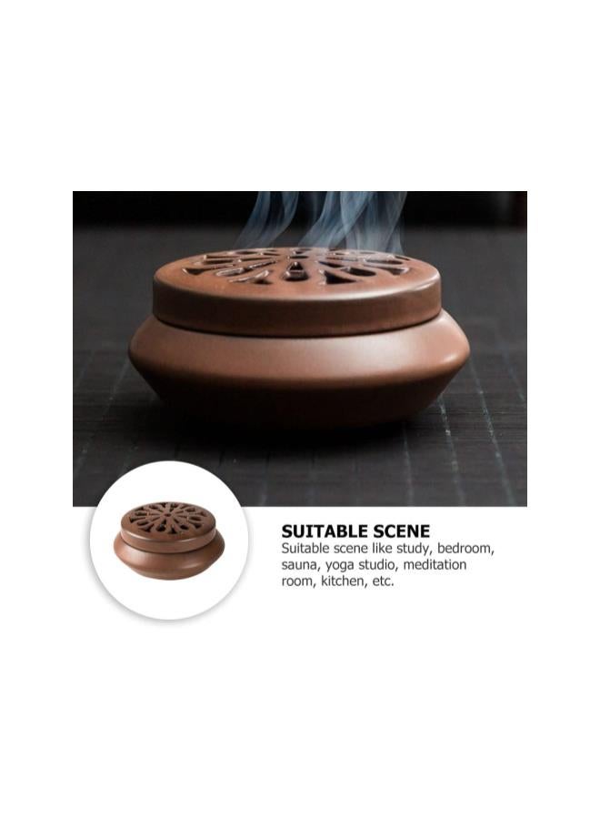 silvercnc Ceramic Incense Burner Handmade Incense Stick Holder Cone Coil Incense Bowl Small Round Censer Ash Catcher Tray with Lid for Home Furnace Aromatherapy Ornament Brown  - Image 5