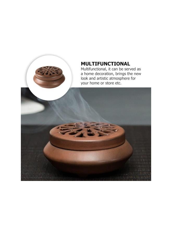 silvercnc Ceramic Incense Burner Handmade Incense Stick Holder Cone Coil Incense Bowl Small Round Censer Ash Catcher Tray with Lid for Home Furnace Aromatherapy Ornament Brown  - Image 3