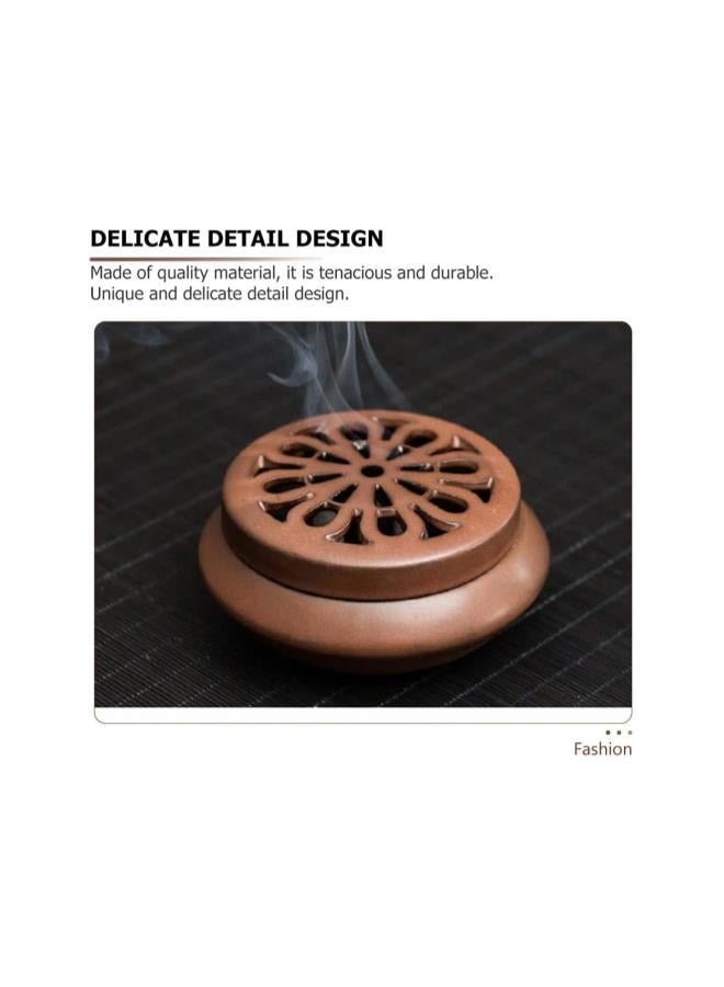 silvercnc Ceramic Incense Burner Handmade Incense Stick Holder Cone Coil Incense Bowl Small Round Censer Ash Catcher Tray with Lid for Home Furnace Aromatherapy Ornament Brown  - Image 4