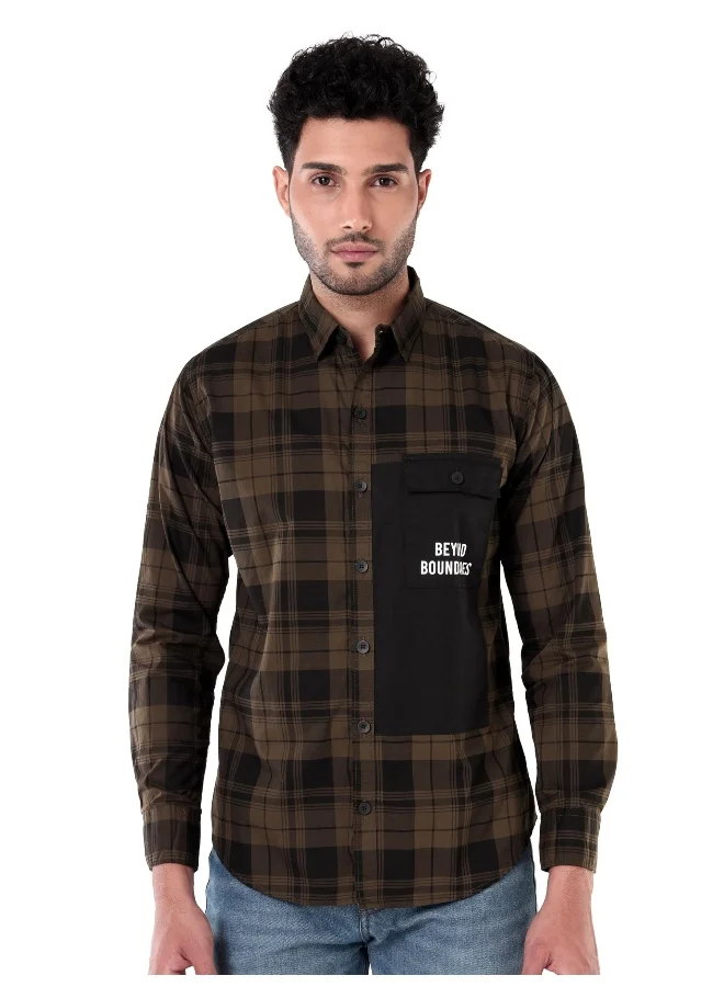 Beyoung Single Pocket Brown Checked Shirts for Men