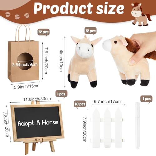 Arrowbash 36 Pcs Adopt a Horse Party Favor Mini Plush Horse Stuffed Animal with 10 White Plastic Fence 12 Kraft Paper Bags Wooden Chalkboard Sign for First Rodeo Birthday Pony Cowboy Farm Supplies - Image 5