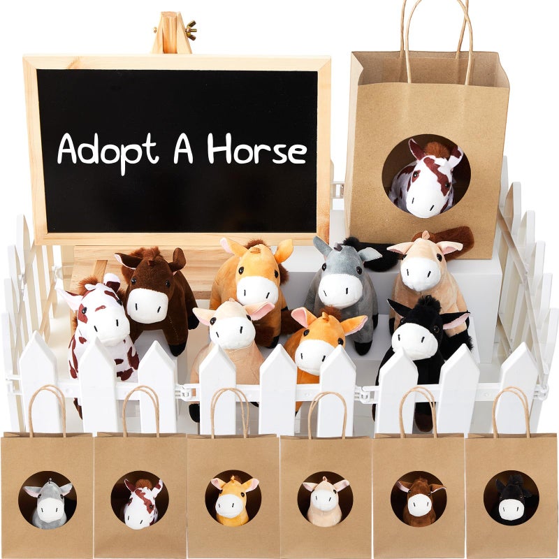 Arrowbash 36 Pcs Adopt a Horse Party Favor Mini Plush Horse Stuffed Animal with 10 White Plastic Fence 12 Kraft Paper Bags Wooden Chalkboard Sign for First Rodeo Birthday Pony Cowboy Farm Supplies - Image 3