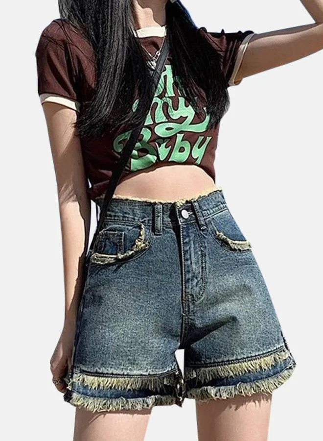 YUNIQEE Blue High-Rise Denim Shorts