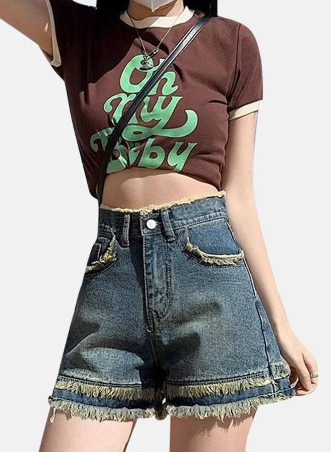 YUNIQEE Blue High-Rise Denim Shorts
