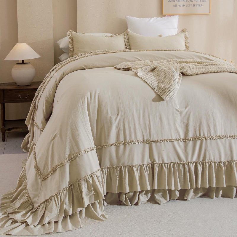 Masaca Oversized King Comforter 128x120Farmhouse Shabby Boho Chic Ruffled Bedding Comforter Set3pcs Extra Large King Size Wheat Ruffle Comforter Sets French Country Bedding Set Ultra Soft