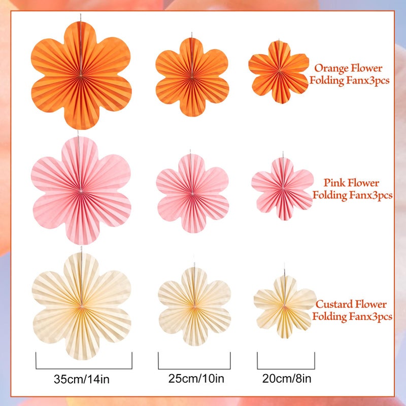 SUNBEAUTY Paper Flowers Decorations Pink and Orange for Wall Paper Fans Classroom Decoration Paper Floral Backdrop Decor Paper Fans Decor Hanging Paper Fans Orange Flower Wall Decor Set of 9 - Image 2