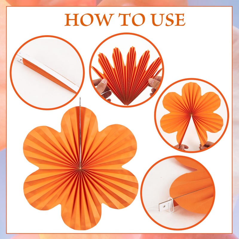 SUNBEAUTY Paper Flowers Decorations Pink and Orange for Wall Paper Fans Classroom Decoration Paper Floral Backdrop Decor Paper Fans Decor Hanging Paper Fans Orange Flower Wall Decor Set of 9 - Image 3
