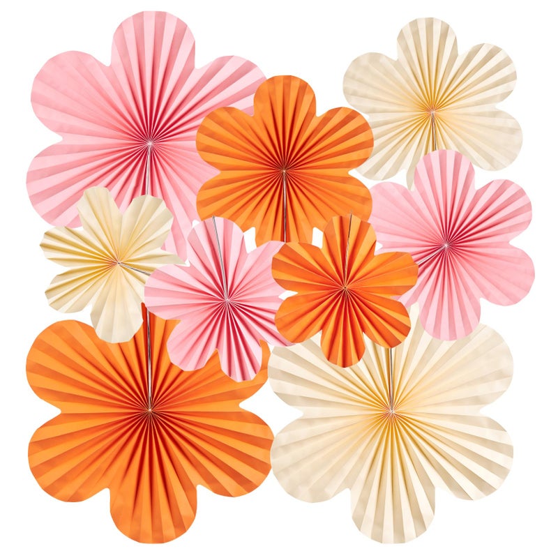 SUNBEAUTY Paper Flowers Decorations Pink and Orange for Wall Paper Fans Classroom Decoration Paper Floral Backdrop Decor Paper Fans Decor Hanging Paper Fans Orange Flower Wall Decor Set of 9 - Image 1