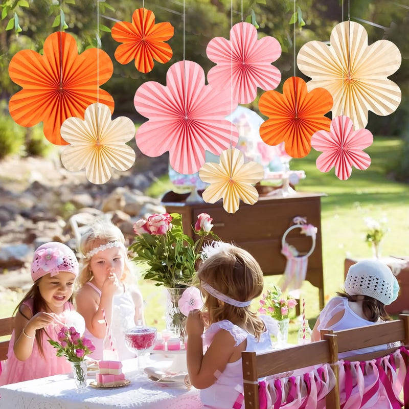 SUNBEAUTY Paper Flowers Decorations Pink and Orange for Wall Paper Fans Classroom Decoration Paper Floral Backdrop Decor Paper Fans Decor Hanging Paper Fans Orange Flower Wall Decor Set of 9 - Image 5