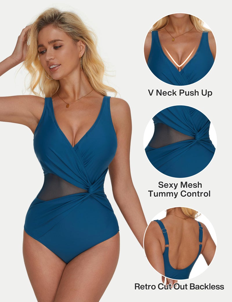 SUUKSESS Women Sexy Mesh Tummy Control One Piece Swimsuit Wrap Push Up Bathing Suit Retro Backless Cut Out Swimwear (Upgrade Peacock Blue,M) - Image 3