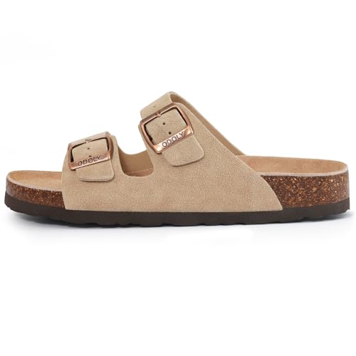 ODOLY Unisex Cork Footbed Slide Sandal, Arch Support Summer Outdoor Sandals with Adjustable Buckle for Women and Men, Taupe Suede 39 (8-8.5 Women/6.5-7 Men) - Image 3